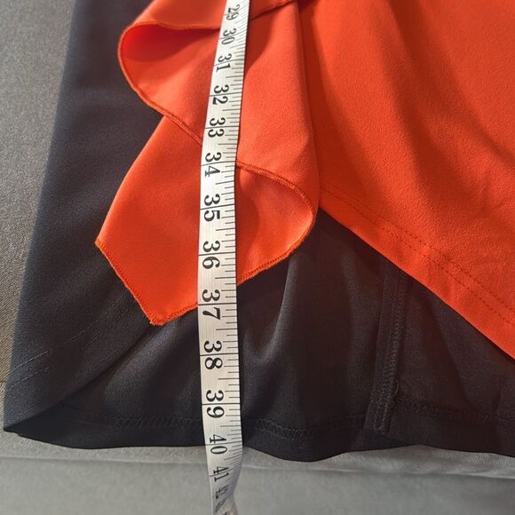 Women’s Black & Orange Asymmetrical Ruffled Front Midi Dress Zip Up Back Size M - Picture 8 of 13